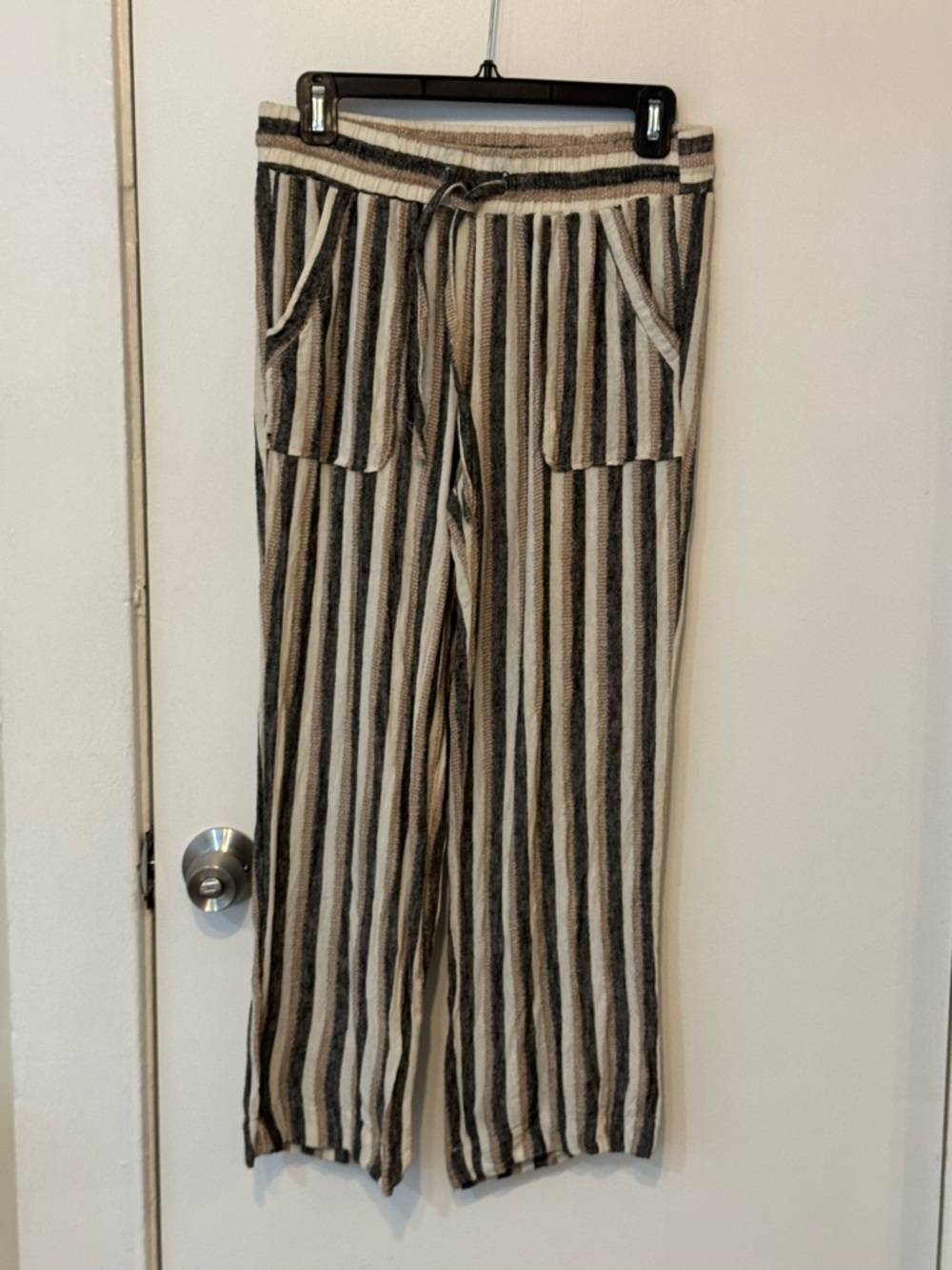 Marissa Olivia Striped Cream Beige Gray Drawstring Linen Coastal Lounge Pants - Picture 2 of 6